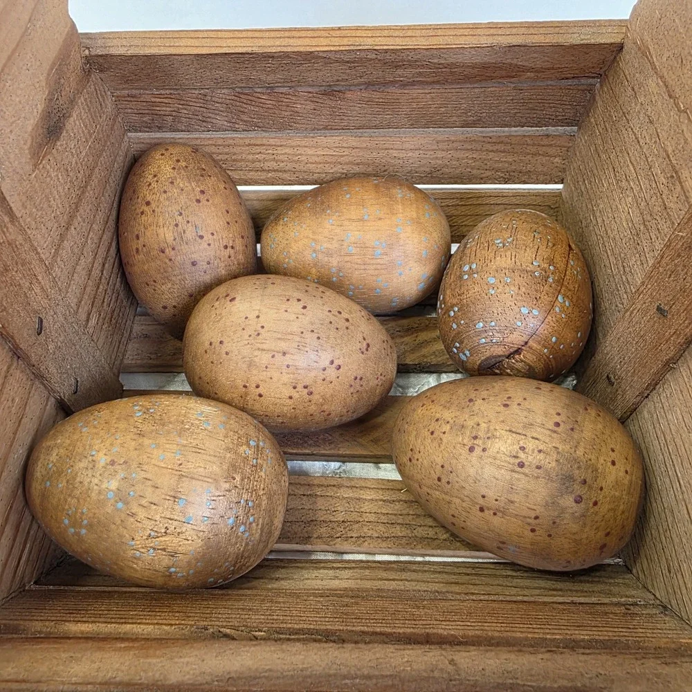 Vintage Cottagecore Wooden Eggs Basket Hearts Chickens Kitschy Country